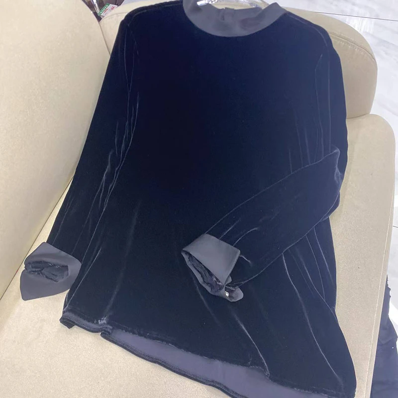 GZ3536真丝桑蚕丝丝绒长袖秋冬上衣女士黑色女款