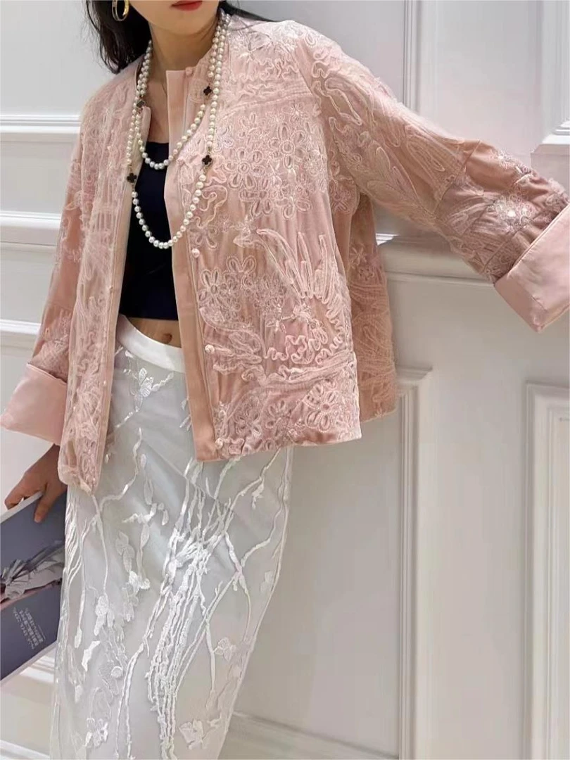 GZ2218丝绒弹力植绒重工刺绣长袖外套衬衫女士中国风新中式