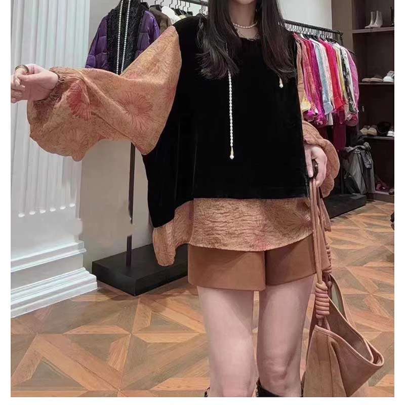 GZ2154丝绒衬衫上衣长袖百搭拼接宽松减龄