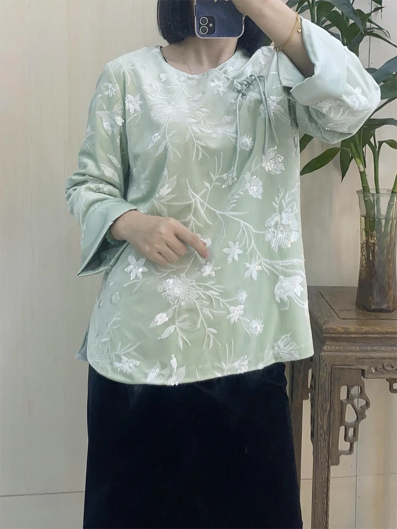 GZ2219丝绒重工刺绣珠片长袖衬衫上衣新中式休闲气质