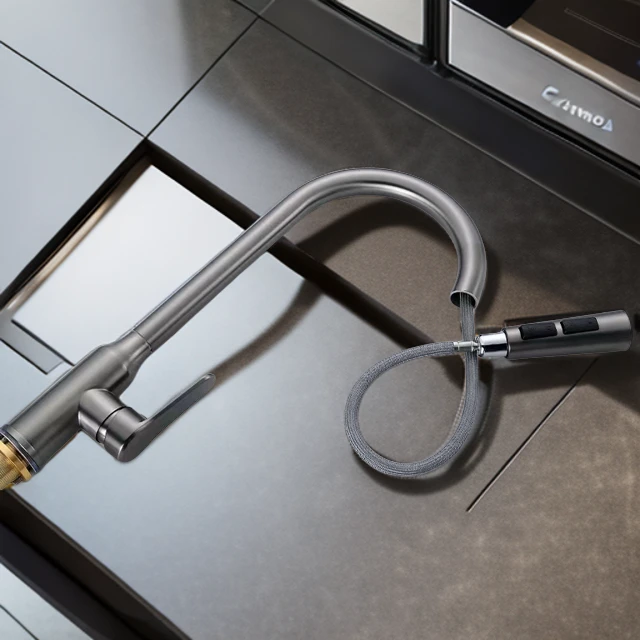 全铜枪灰色可旋转抽拉洗菜盆水槽洗衣池多功能水龙头起泡按压冲洗