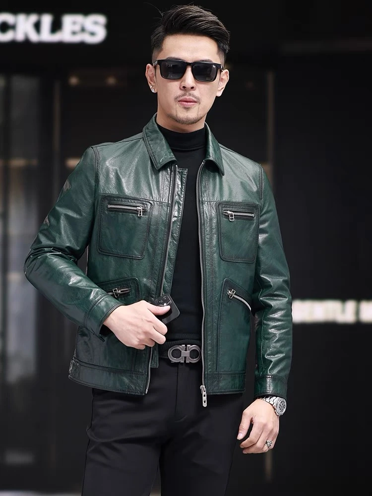 开春单装】头层油蜡牛皮墨绿色皮夹克男士款机车服短款纯牛皮皮衣