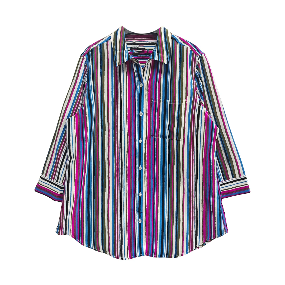 4898#彩色条纹长袖衬衫时尚舒适休闲潮流百搭