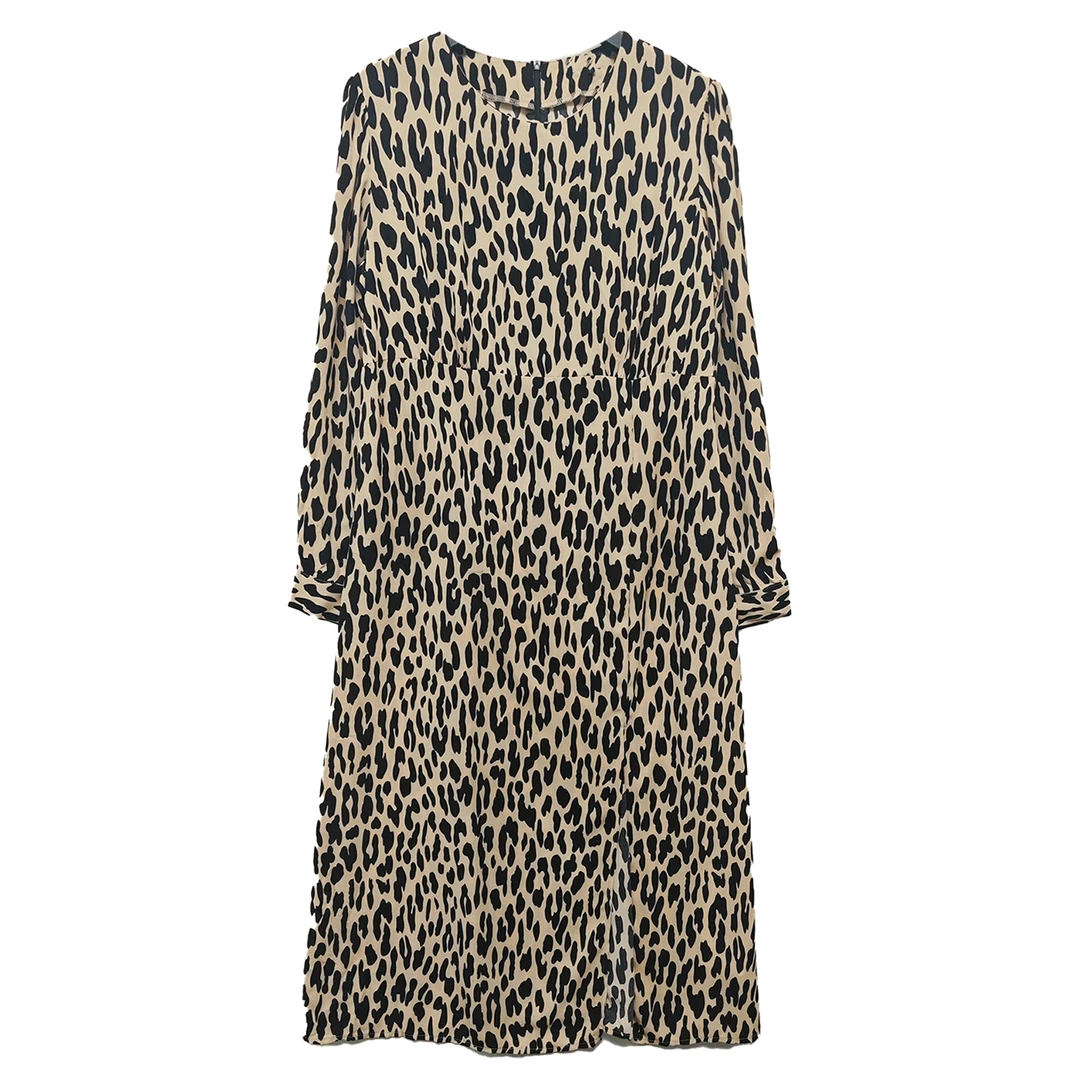 9241#豹纹长袖连衣裙舒适时尚女士夏季百搭潮流