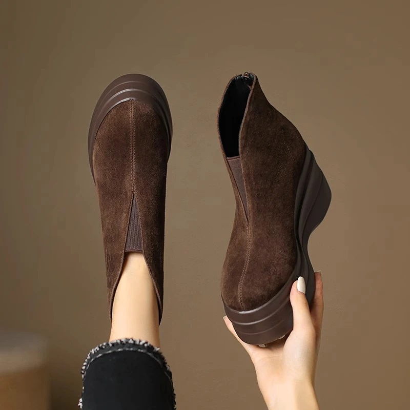 厚底松糕坡跟短靴女鞋2024新款增高真皮春秋季磨砂翻毛加绒面单靴