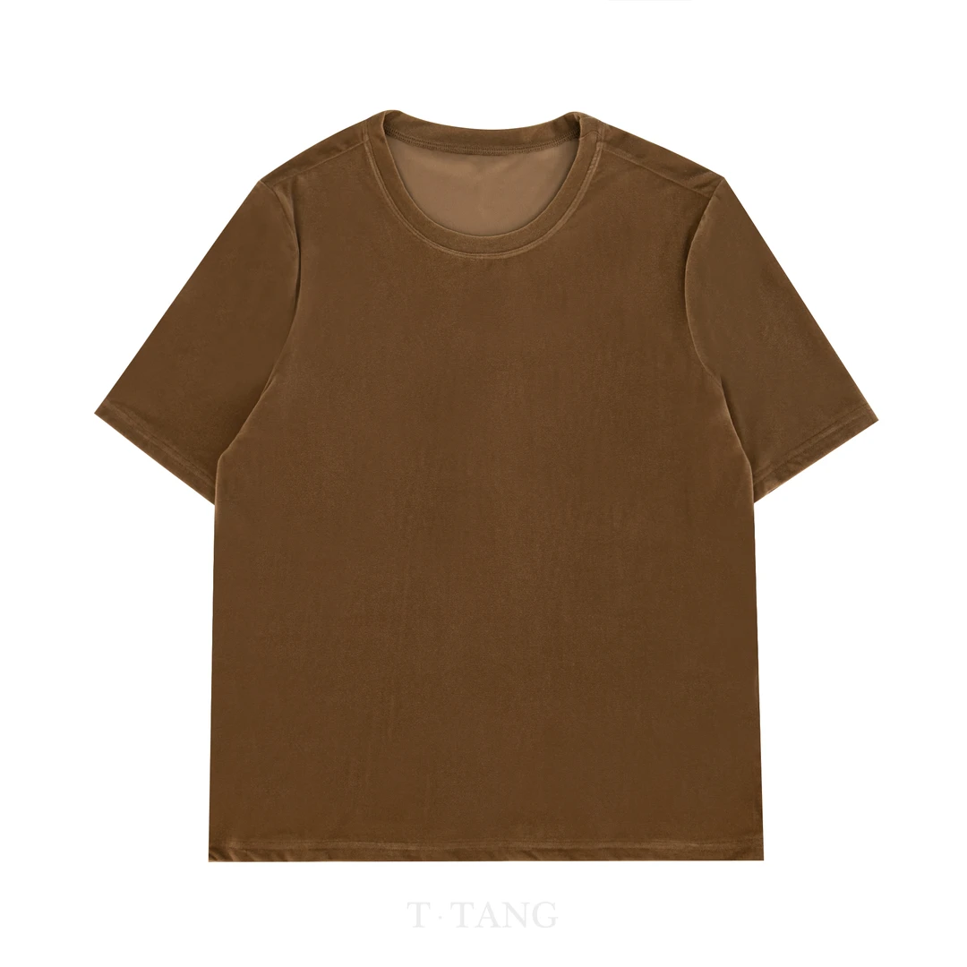 FL秋季亲肤柔软圆领百搭时尚复古纯色宽松休闲丝绒女士T恤【3058】