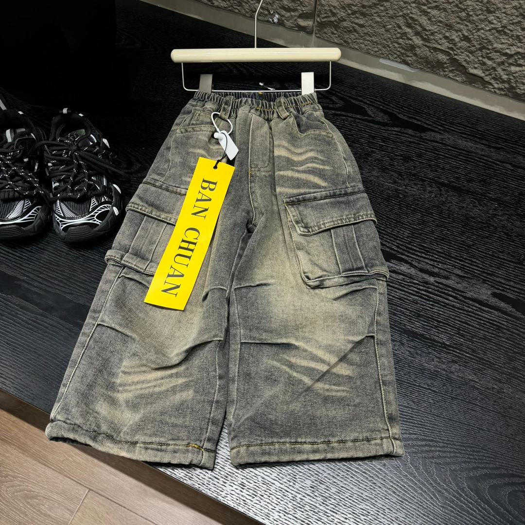 （牛仔裤擦色加绒款）秋季男童宽松潮流时尚男童百搭工装口袋牛仔裤
