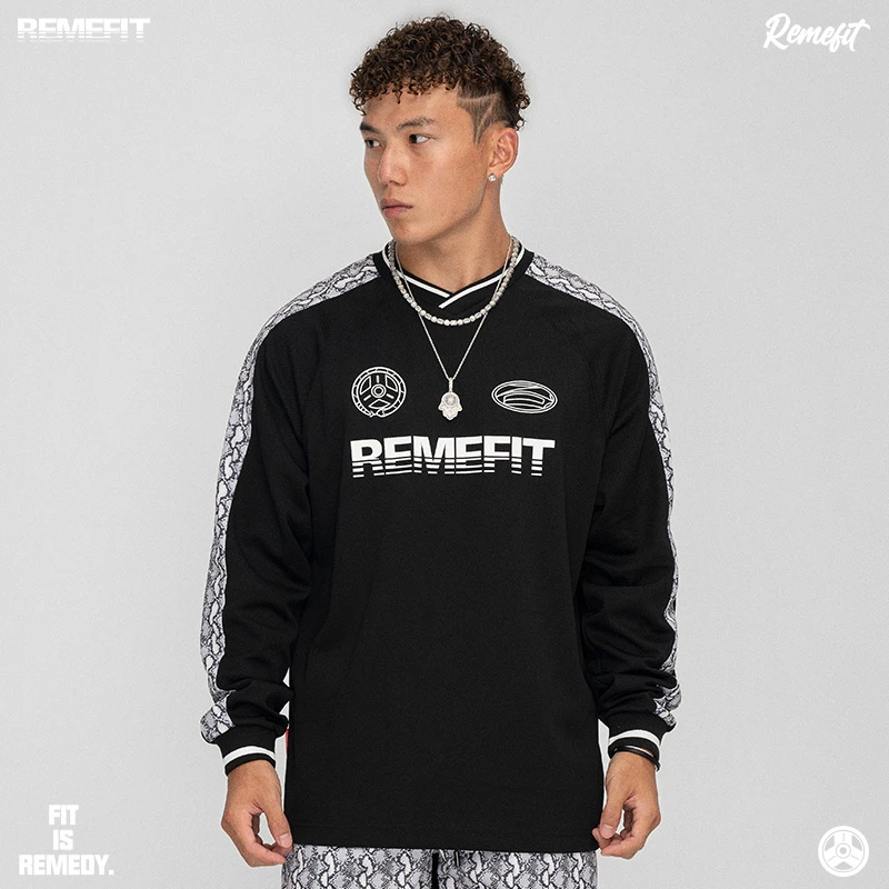 REMEFIT 蛇年杠铃片 蛇纹美式速干情侣运动足球撞色blokecore长袖