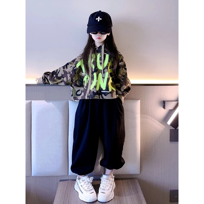 女童套头长袖卫衣2025春季儿童中大童韩版百搭休闲迷彩连帽上衣潮