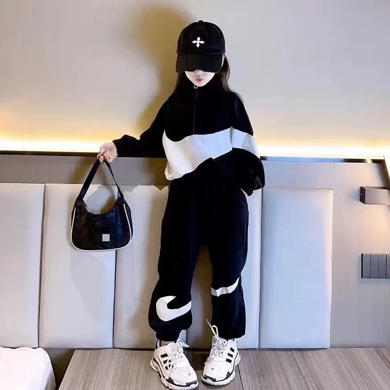 女童套装春秋2025新款洋气外套儿童网红炸街运动服大童秋冬季加绒