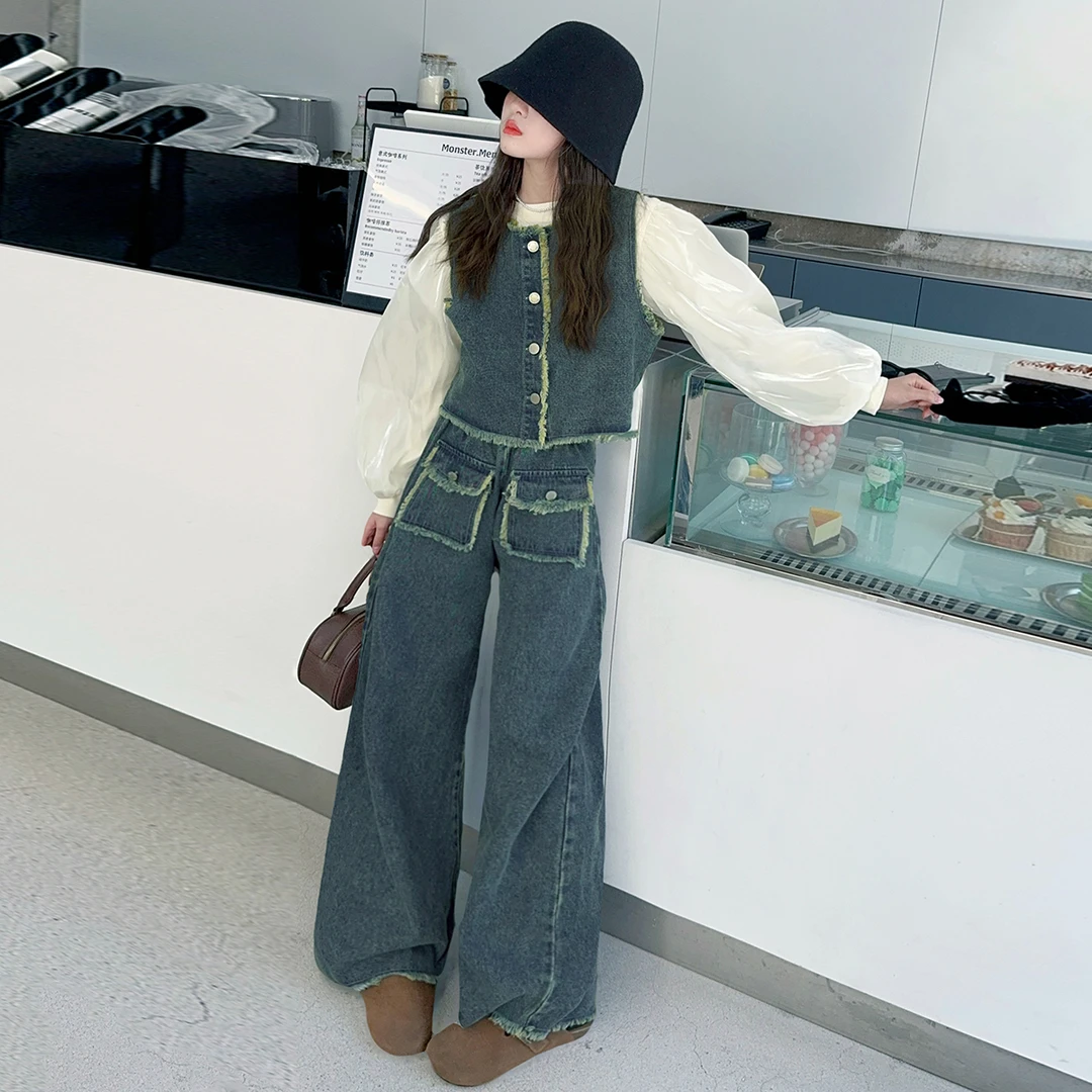 女童秋季套装2025新款中大童时髦春秋牛仔马甲洋气阔腿裤三件套潮