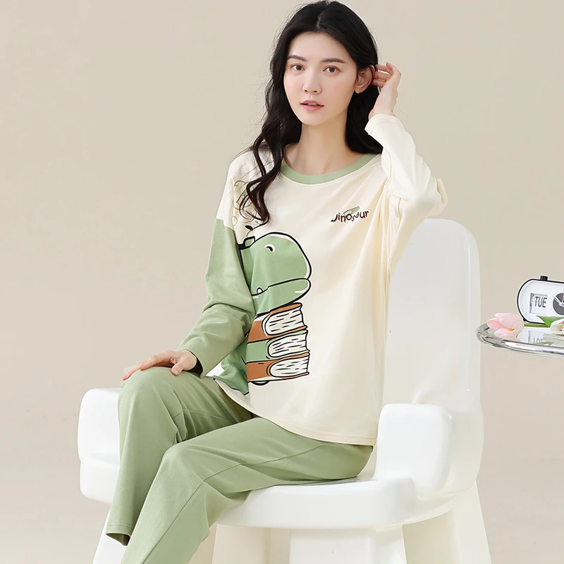 秋季睡衣女款2023新款卡通圆领纯棉长袖春秋款薄款全棉女士家居服