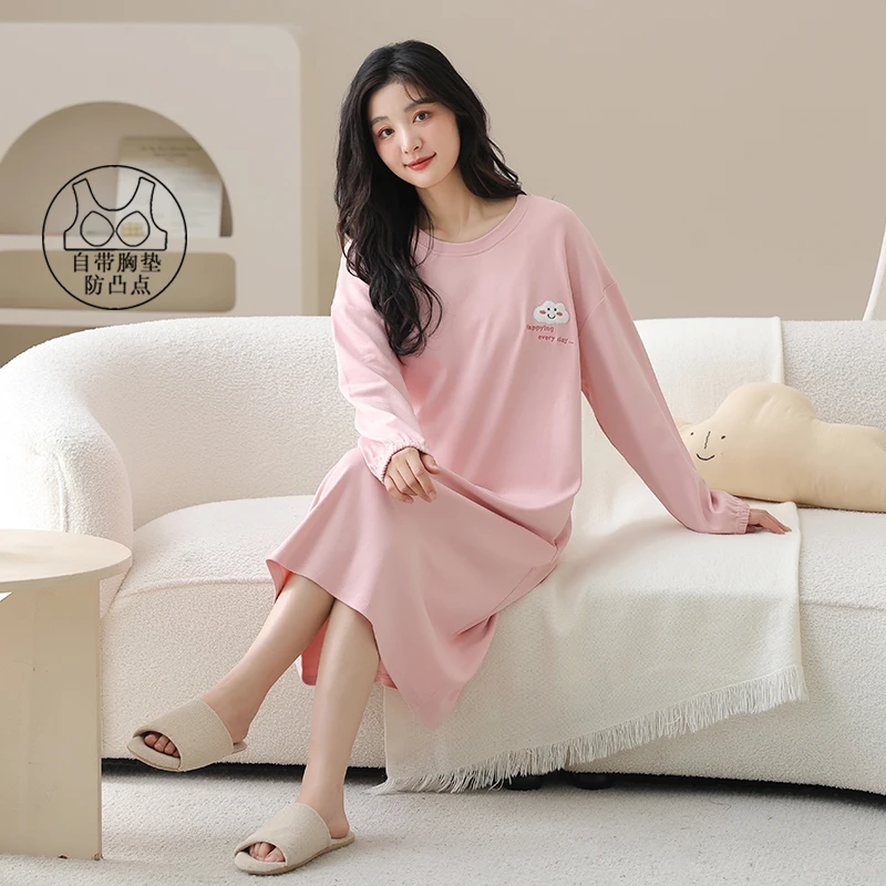 新款睡裙纯棉女带胸垫一体式长袖连衣裙中长款全棉女款睡衣家居服