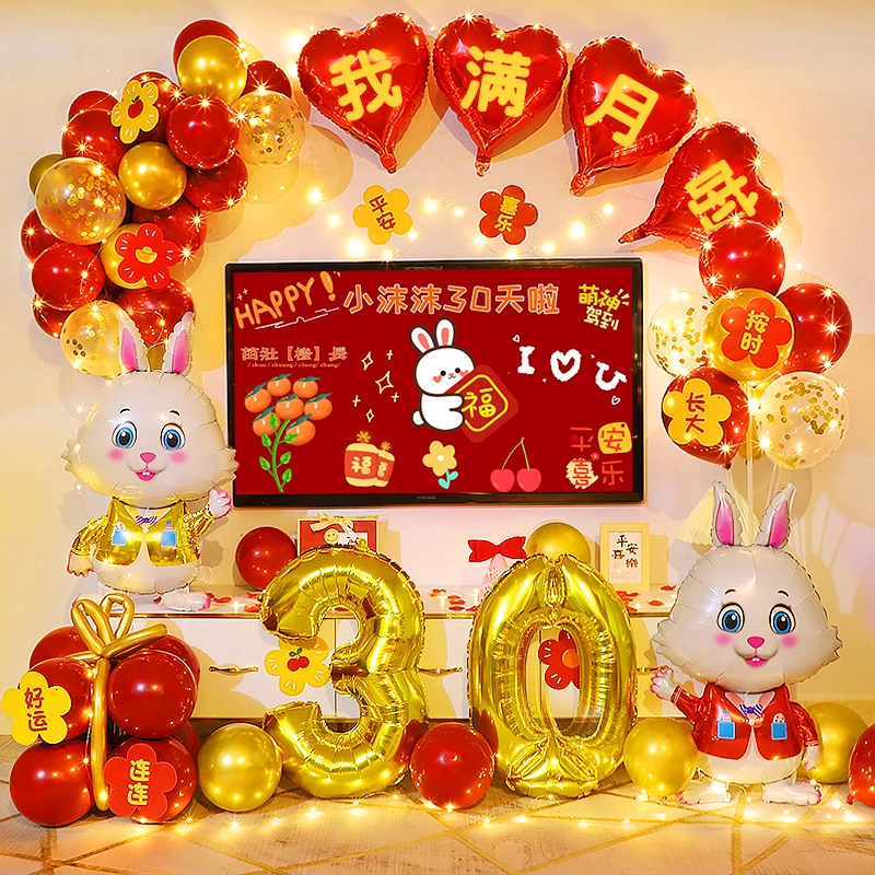 兔子宝宝满月百天背景墙场景布置男孩女孩投屏定制气球装饰百日宴