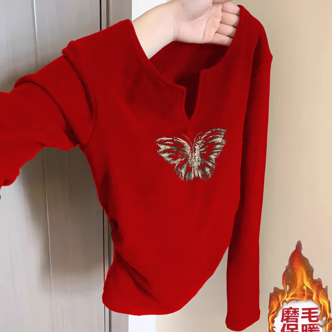 德秋冬绒加厚打底衫女内搭v领薄绒洋气百搭保暖长袖时尚修身上衣