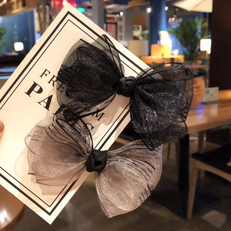 简约黑色蝴蝶结发夹蕾丝网纱弹簧夹后脑勺盘发夹顶夹侧边夹刘海夹