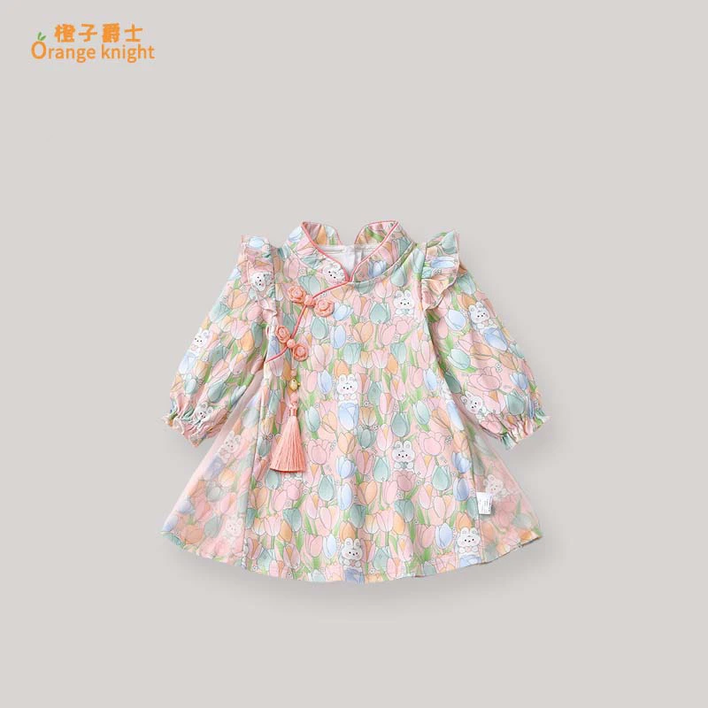婴儿新中式国风复古旗袍公主裙女宝宝春秋网纱甜美碎花长袖连衣裙
