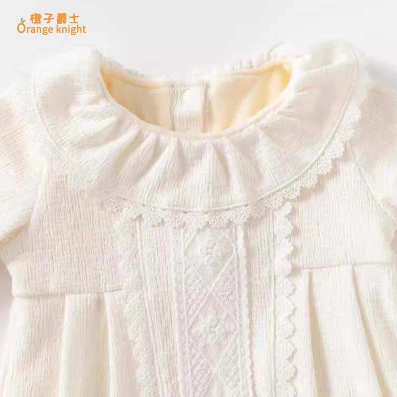 小月龄婴儿冬季新款加厚连体衣秋女宝宝翻边圆领甜美公主长袖爬服