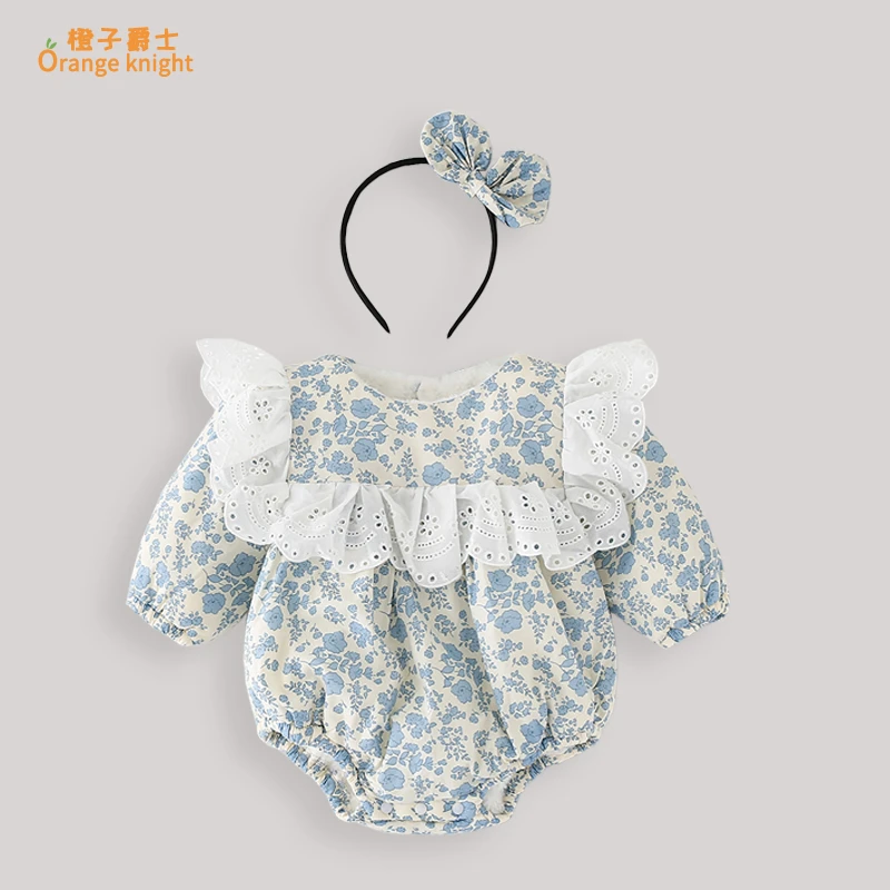 小月龄女宝宝秋冬季新款连体衣甜美碎花公主长袖加绒三角包屁衣