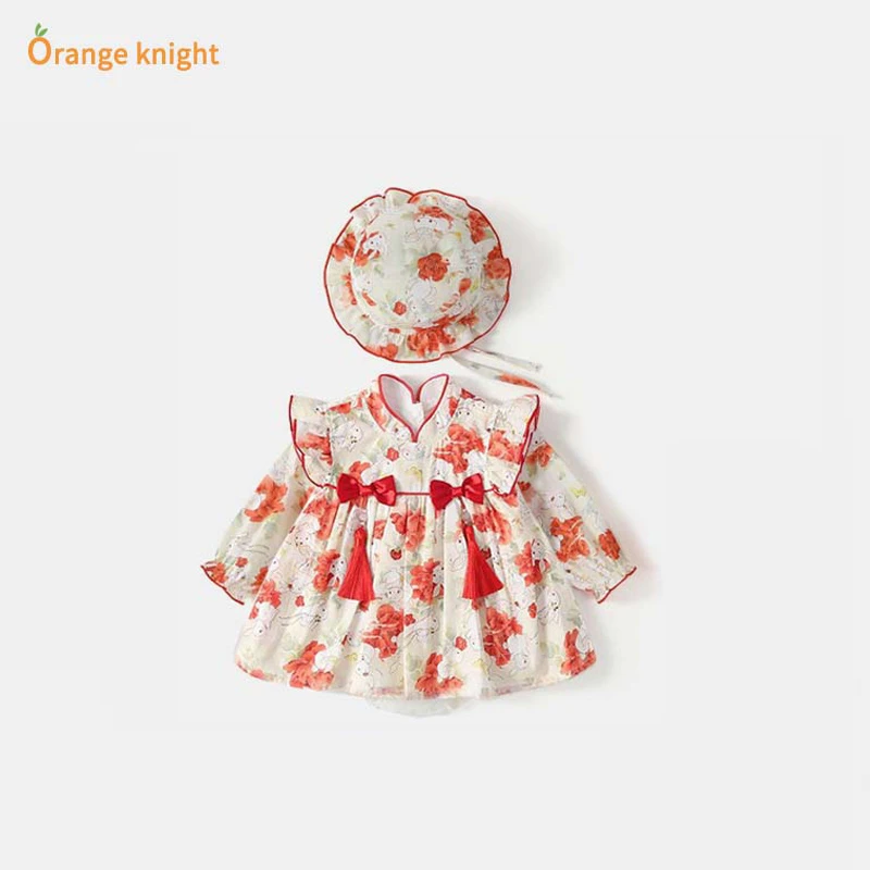 婴儿秋装连体衣女宝宝洋气碎花包屁衣新生儿满月衣服百天公主哈裙