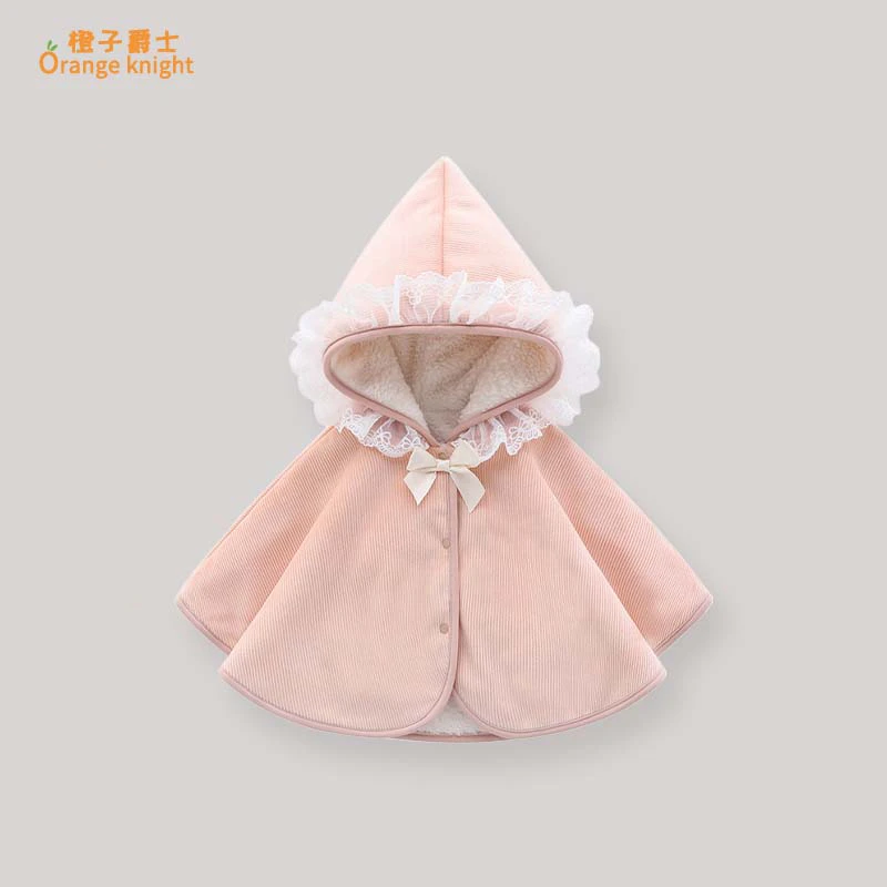 婴儿加绒冬季防风外出披风女宝宝甜美可爱蕾丝花边连帽披肩斗篷