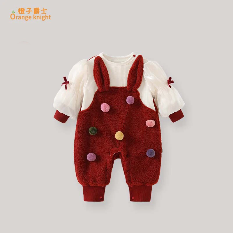 女宝宝冬季加厚加绒保暖衣服甜美可爱公主假两件背带长袖连体衣