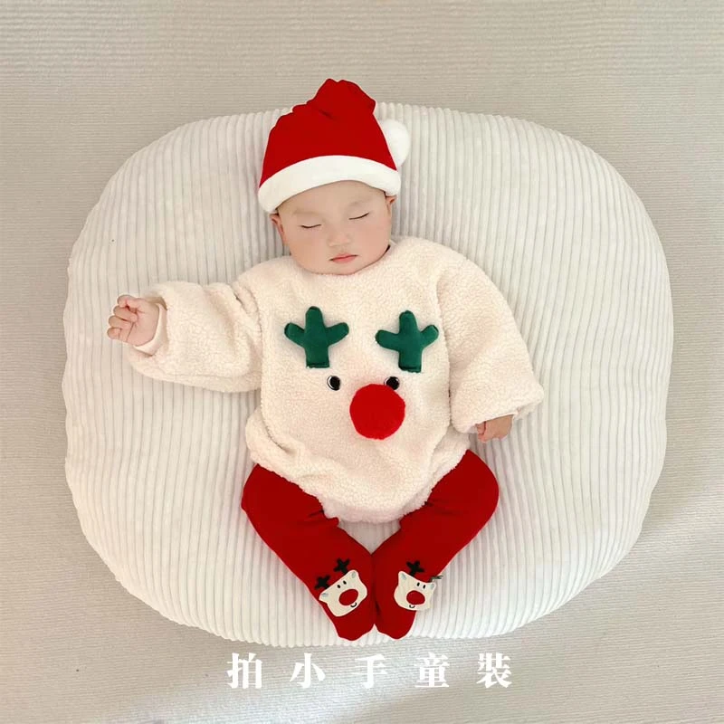 【拍小手】新生婴儿衣服秋冬圣诞套装男女宝宝爬服分体加厚三件套