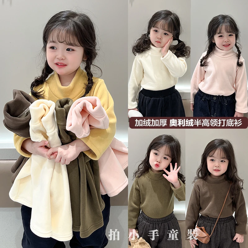 儿童加厚奥利绒高领打底衫秋冬百搭纯色长袖卫衣男女宝宝保暖加绒