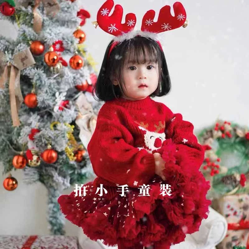 【拍小手】红色拜年服麋鹿立体鼻子男女童圣诞毛衣套头针织衫上衣