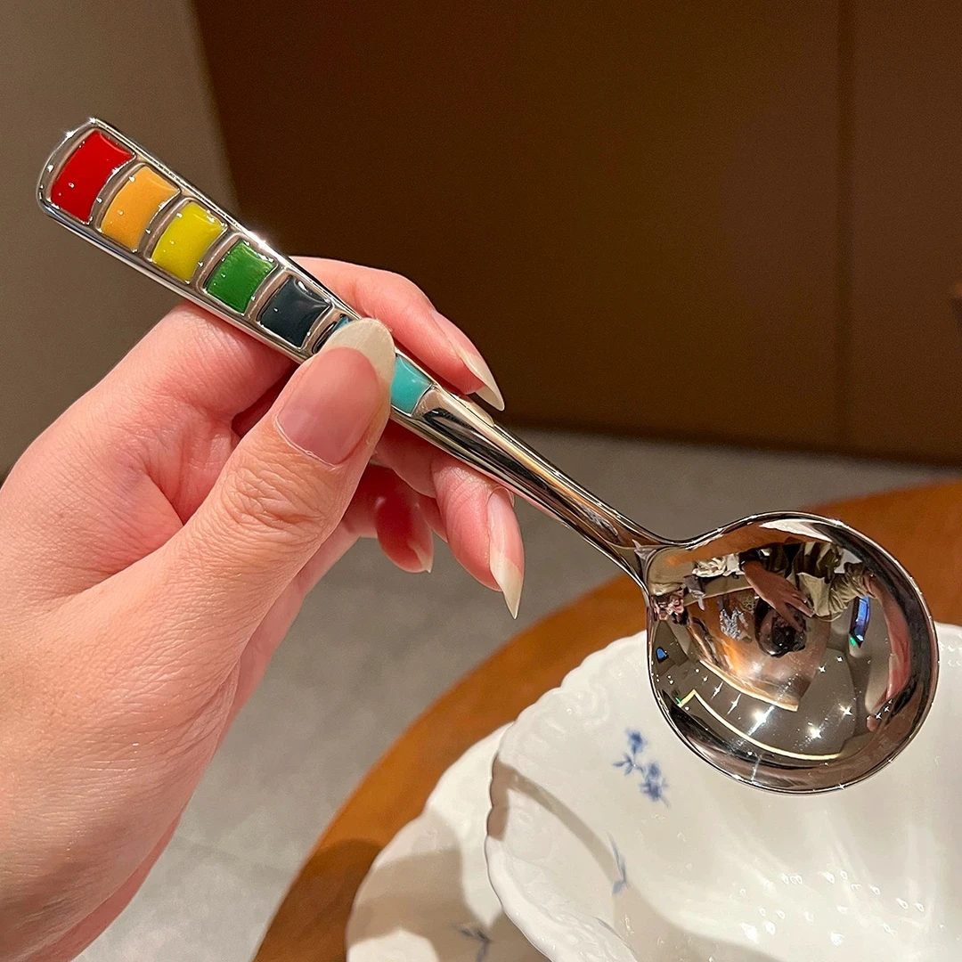 【七彩】304不锈钢汤勺ins少女心精致加深圆头勺调羹儿童吃饭勺子