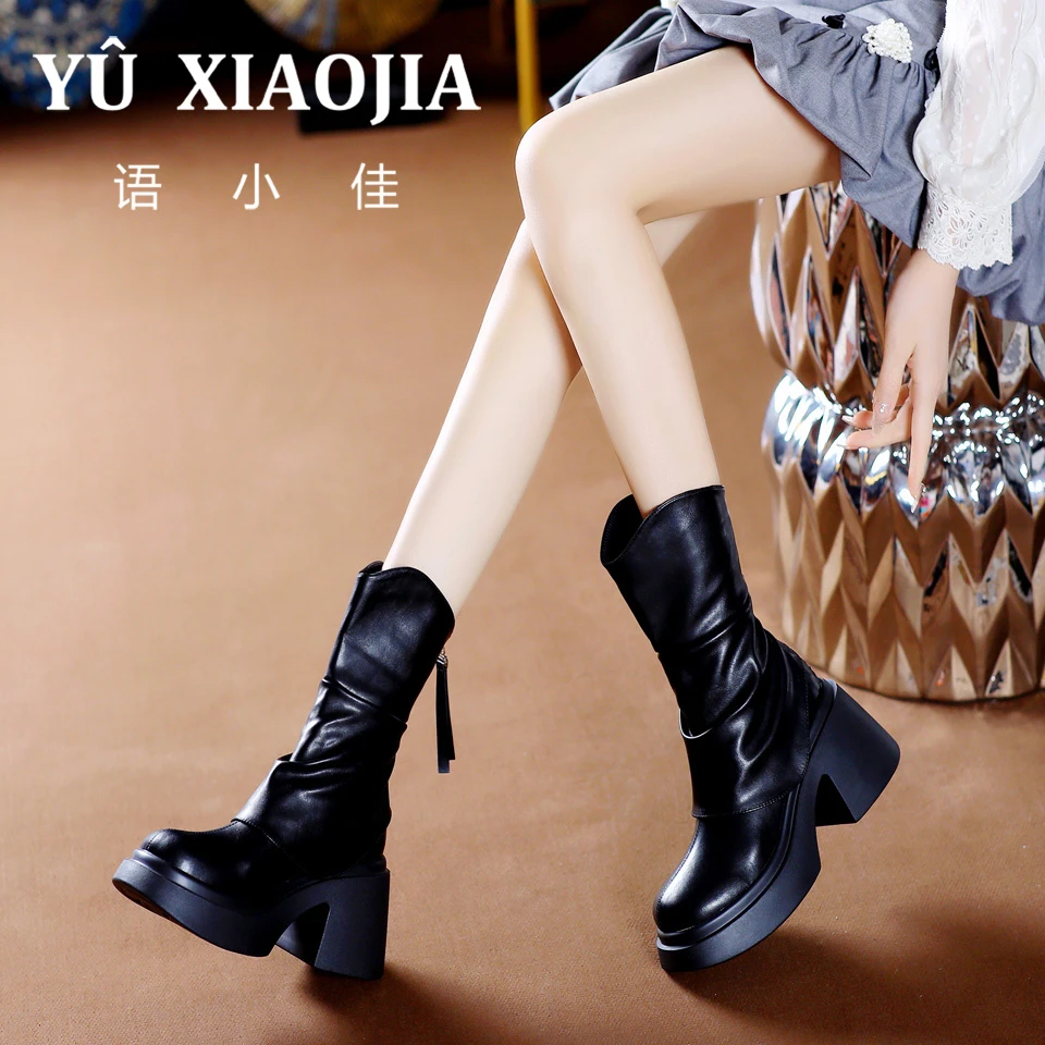 7CM[已开价]小个子方头弹力裤管靴2025年秋冬季粗跟高跟鞋KA1273