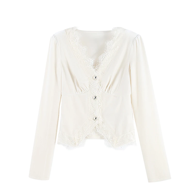 京「蕾丝点缀」2024秋冬法式V领蕾丝衬衫上衣HBZC622140 nnassa