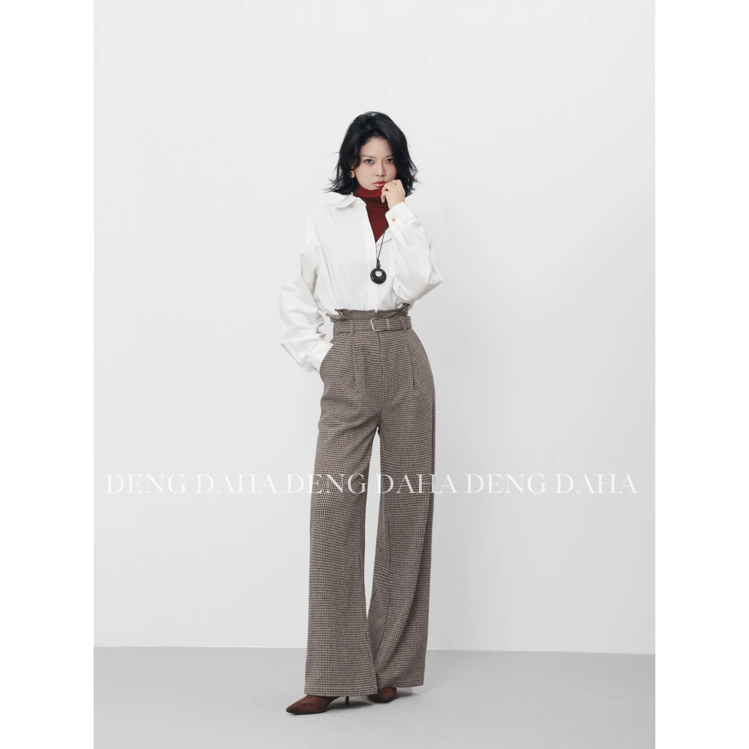 「时髦腔调」2024秋季千鸟格复古高腰休闲长裤女 HBZC621111 nnassa