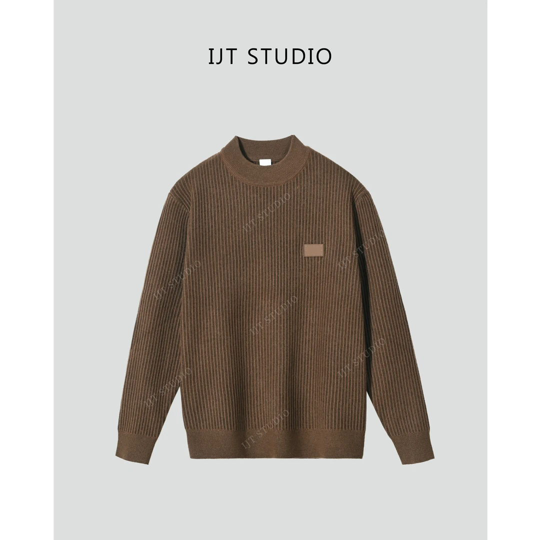 IJT studio冬季新品条纹肌理感保暖圆领套头针织毛衣8988