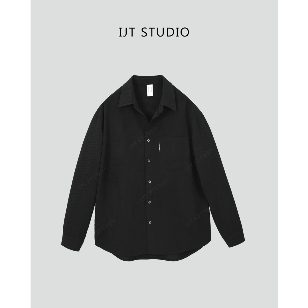 IJT studio早秋款休闲百搭纯色时尚韩系轻奢肌理感翻领衬衫3717