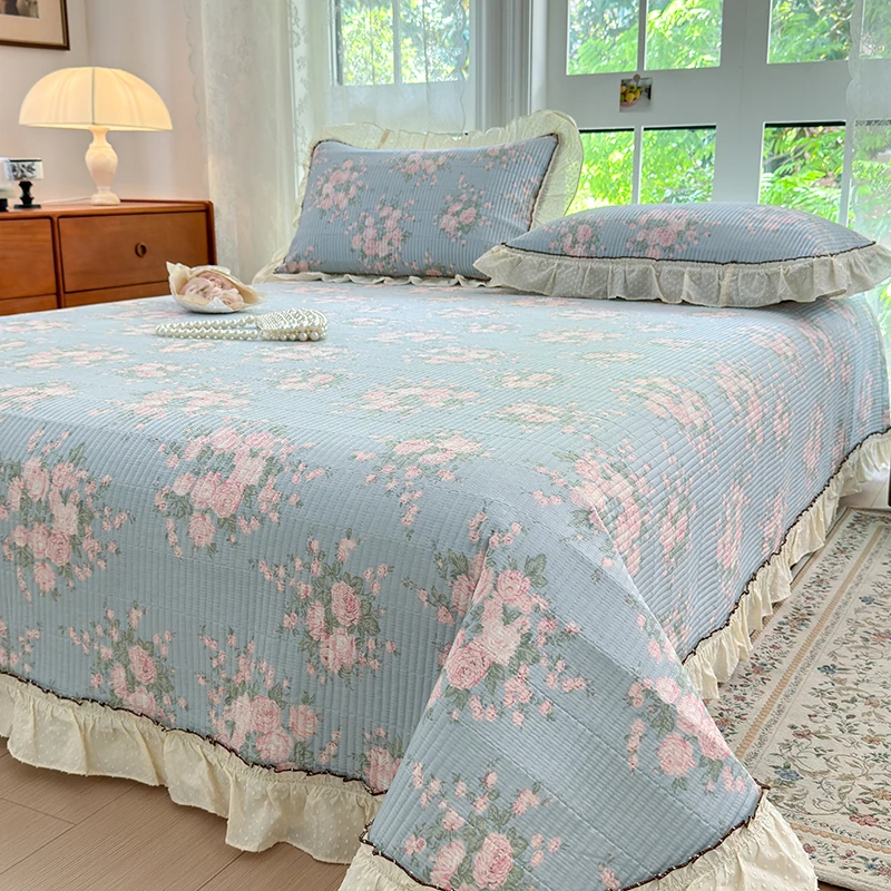 四季可用 加厚全棉法式大花边夹棉床盖三件套 榻榻米纯棉床单床盖