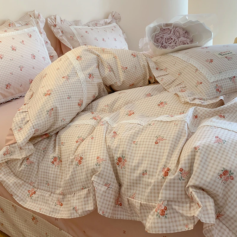 新款上新 全棉韩式花边纯棉四件套公主风田园小碎花床单款四件套