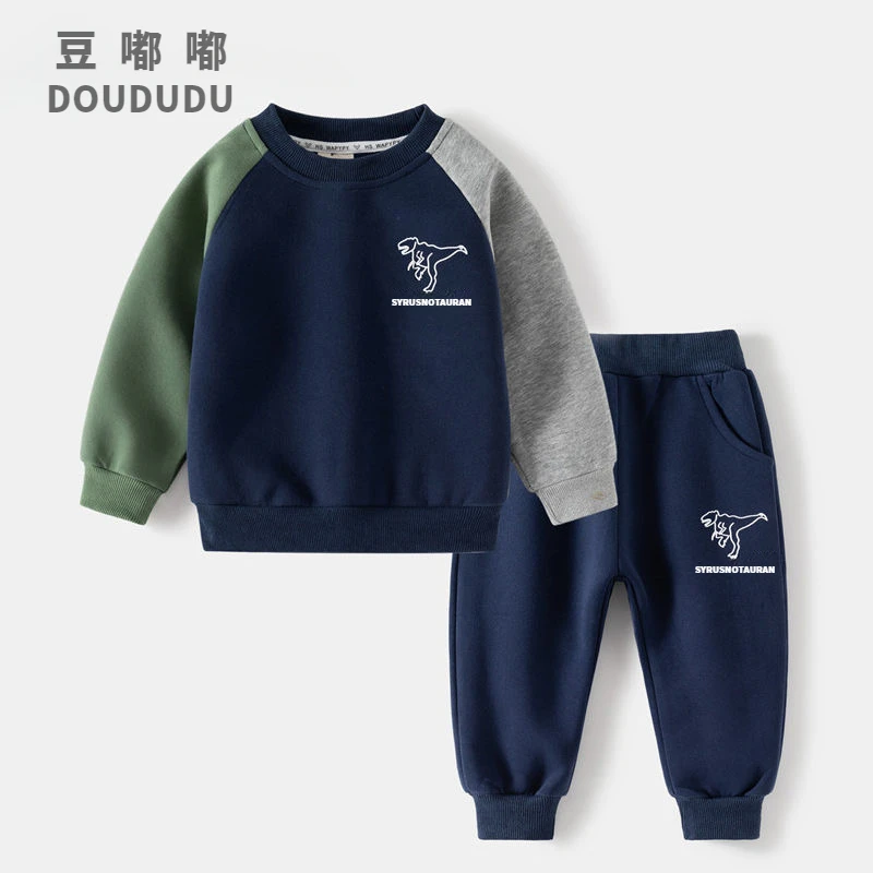 儿童网红套装2024春秋季新款男童拼袖恐龙卫衣宝宝运动两件套装潮