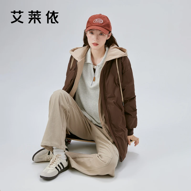 艾莱依2023新款羽绒服女假两件时尚百搭休闲冬季连帽保暖外套1402
