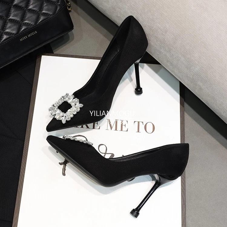 2025年春季ol性感亮钻尖头方扣水钻法式黑色高跟鞋女细跟女鞋单鞋