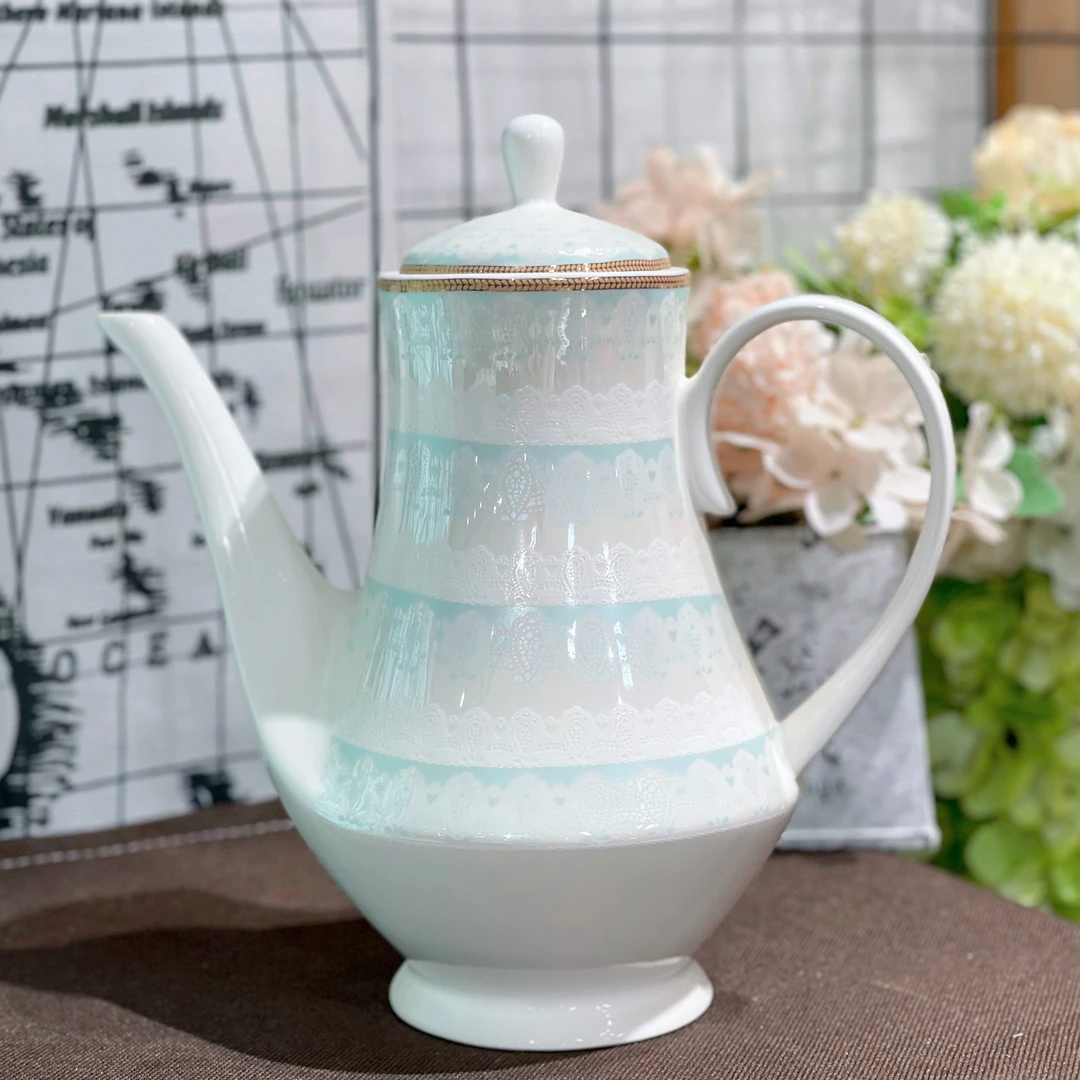 【茶壶14】绿蕾丝茶壶外贸出口骨瓷咖啡壶茶壶奶欧式瑕疵品不忒不换