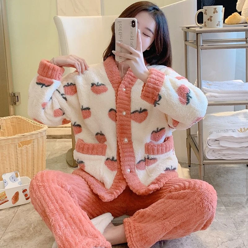 珊瑚绒睡衣女士2022年秋冬季加绒加厚法兰绒水蜜桃家居服两件套装