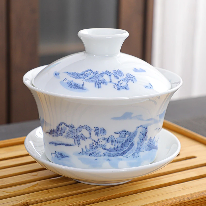 青花瓷盖碗茶杯大号白瓷陶瓷功夫茶具套装三才敬茶碗泡茶壶单个