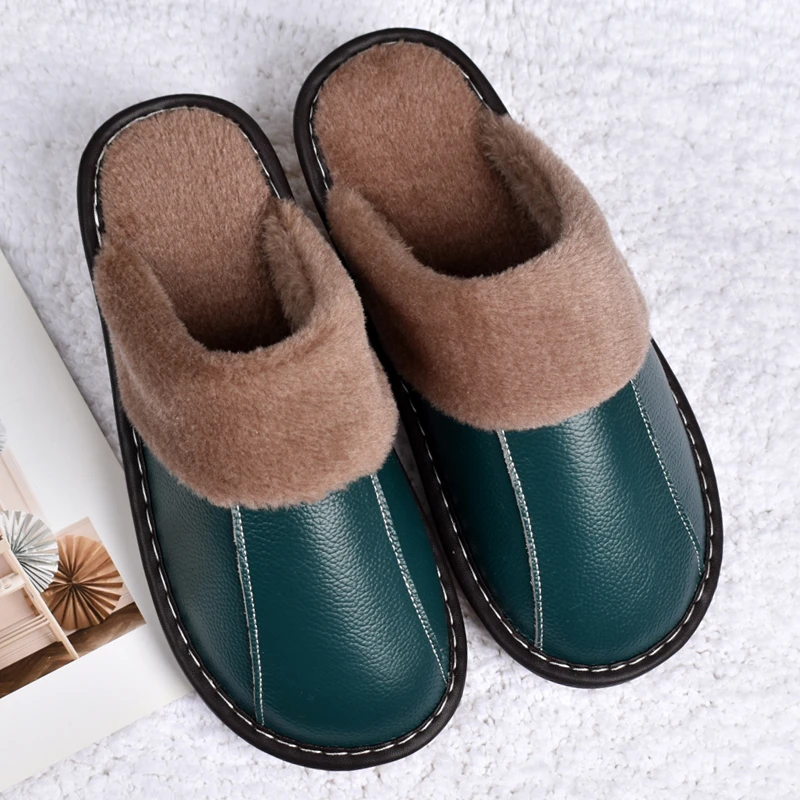 海宁真皮面棉拖鞋秋冬居家室内男女厚底防水防滑保暖牛皮拖鞋家用