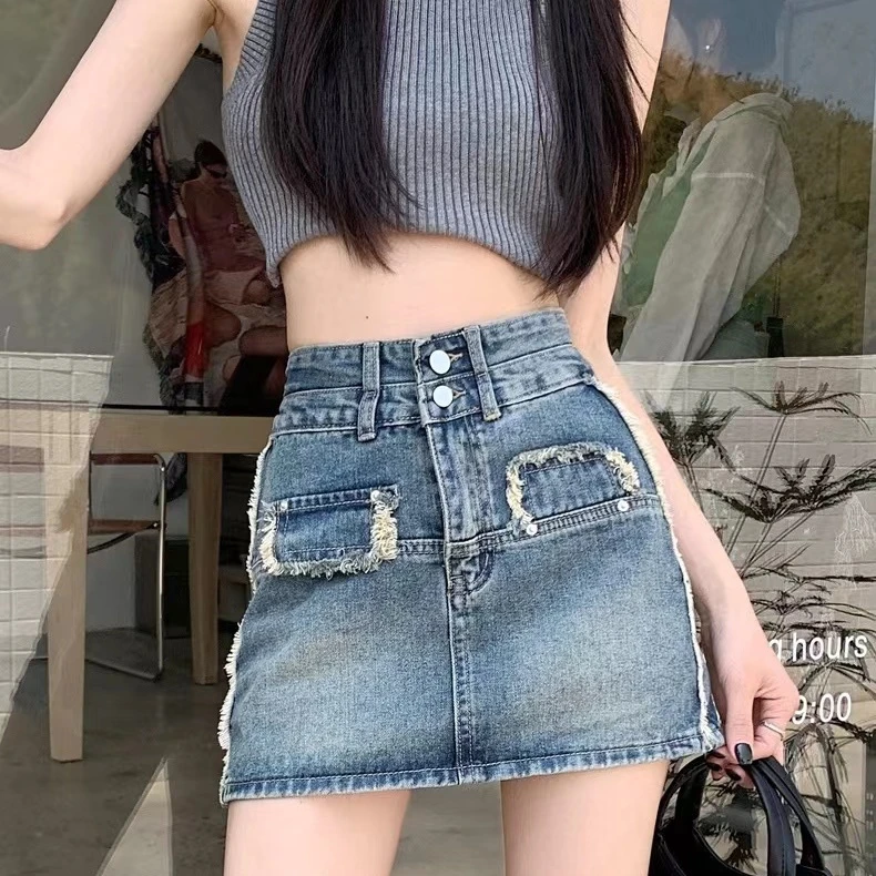 牛仔半身裙女夏季高腰大码胖mm显瘦毛边设计感a字小个子包臀裙子