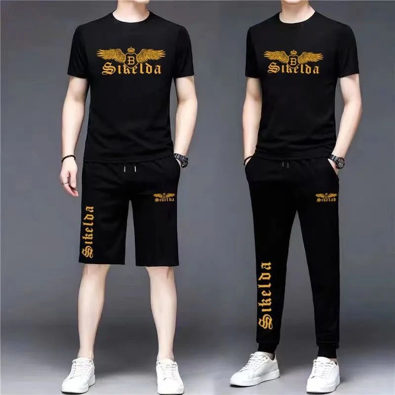 男士套装2024夏季 休闲短袖短裤长裤两件套中青年韩版短袖运动服