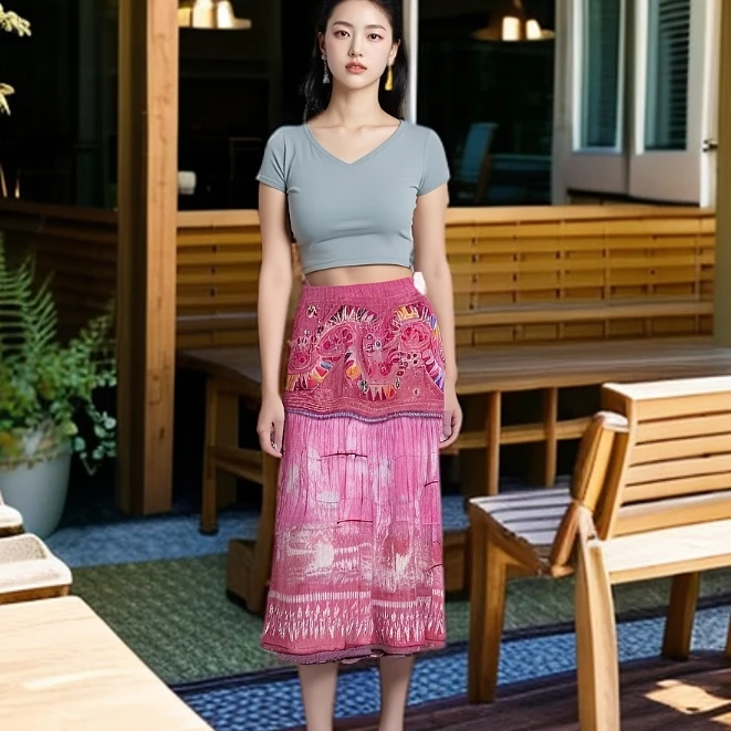 手工设计时尚百搭女士拼接绣花高腰A字夏季半身裙（直播间选色）