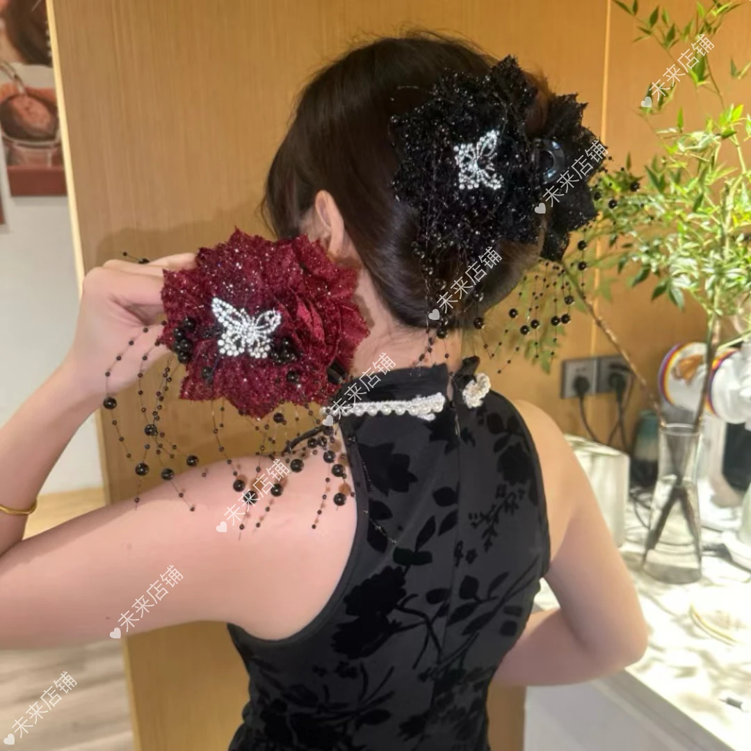 2024新款玫瑰流苏刺绣蝴蝶结抓夹高级感古风鲨鱼夹百搭发饰