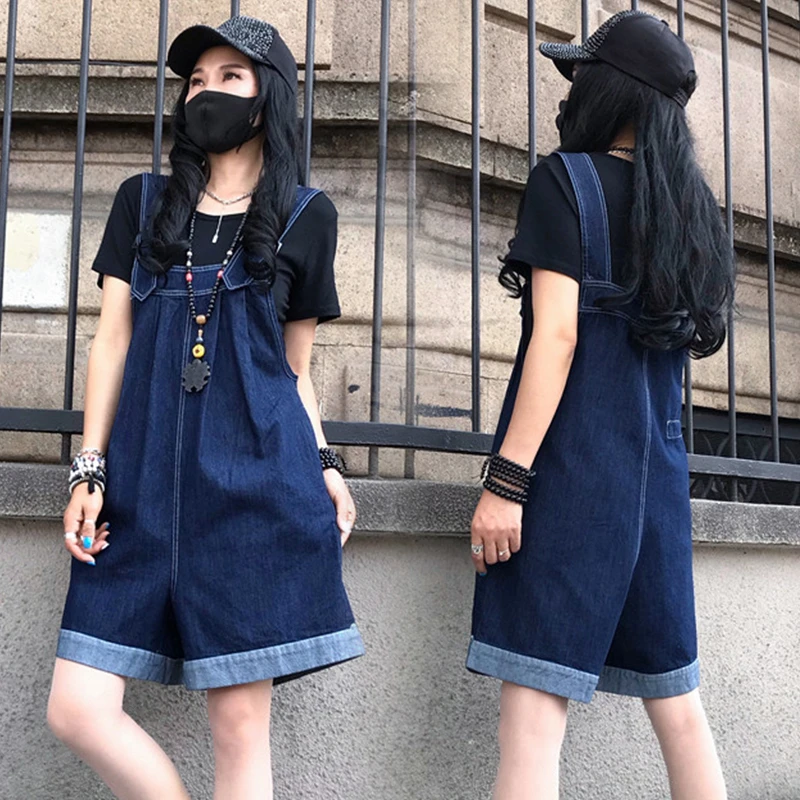 清凉大码牛仔背带裤百搭夏季宽松高腰吊带牛仔裤五分阔腿裤子6666