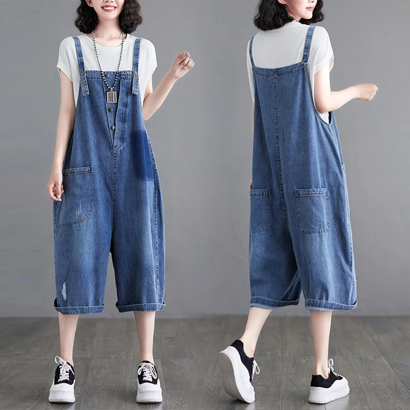 牛仔背带裤休闲大码宽松显瘦夏季薄款减龄吊带牛仔裤阔腿七分裤子